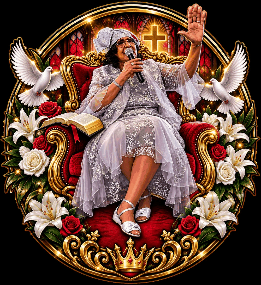 Portrait medallion of Maxine, seated with a microphone and an open Bible, one hand raised, surrounded by white doves, roses and lilies.